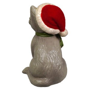 Gray resin kitty figurine wearing a red and white santa hat with green scarf by bethany lowe design peppermint kitty