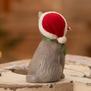 Gray ceramic kitty figurine wearing red velvet santa hat and green scarf from bethany lowe design peppermint kitty collection