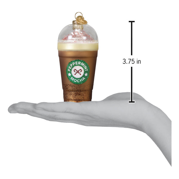 Peppermint mocha ornament with clear plastic lid gold hanger and green candy cane label perfect whipped coffee ornament and tabletop decor
