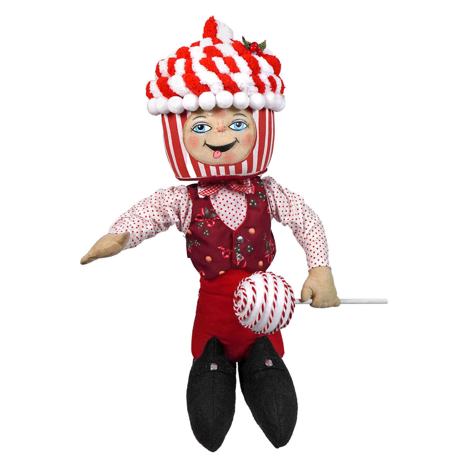 Peppermint paul standing doll with red and white striped cupcake head holding a peppermint swirl lollipop