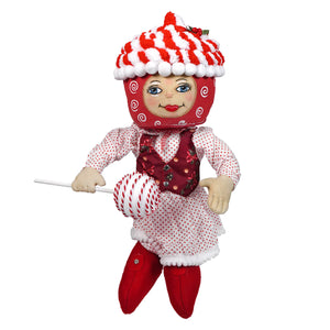 Peppermint pauline standing doll in red and white candy theme with striped hat polka dot dress and maroon vest