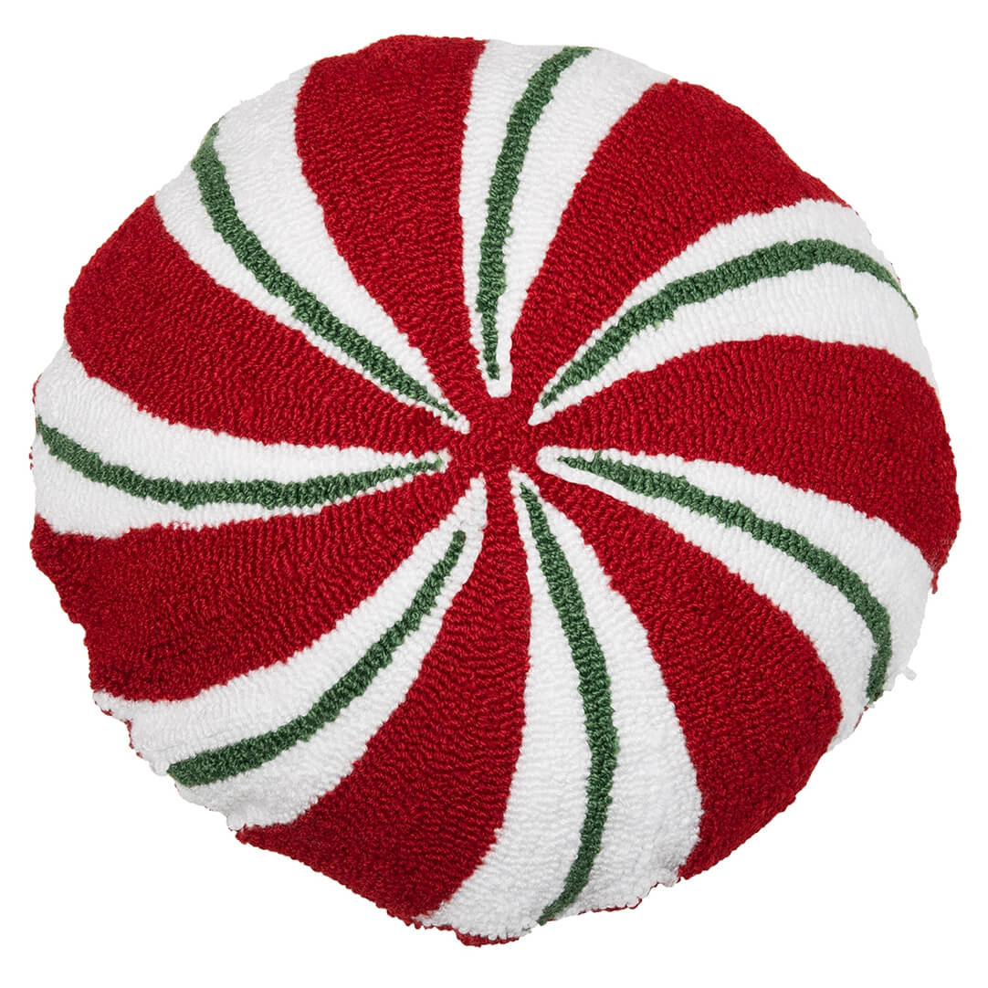 Circular peppermint-patterned decorative pillow with red, white, and green swirls.