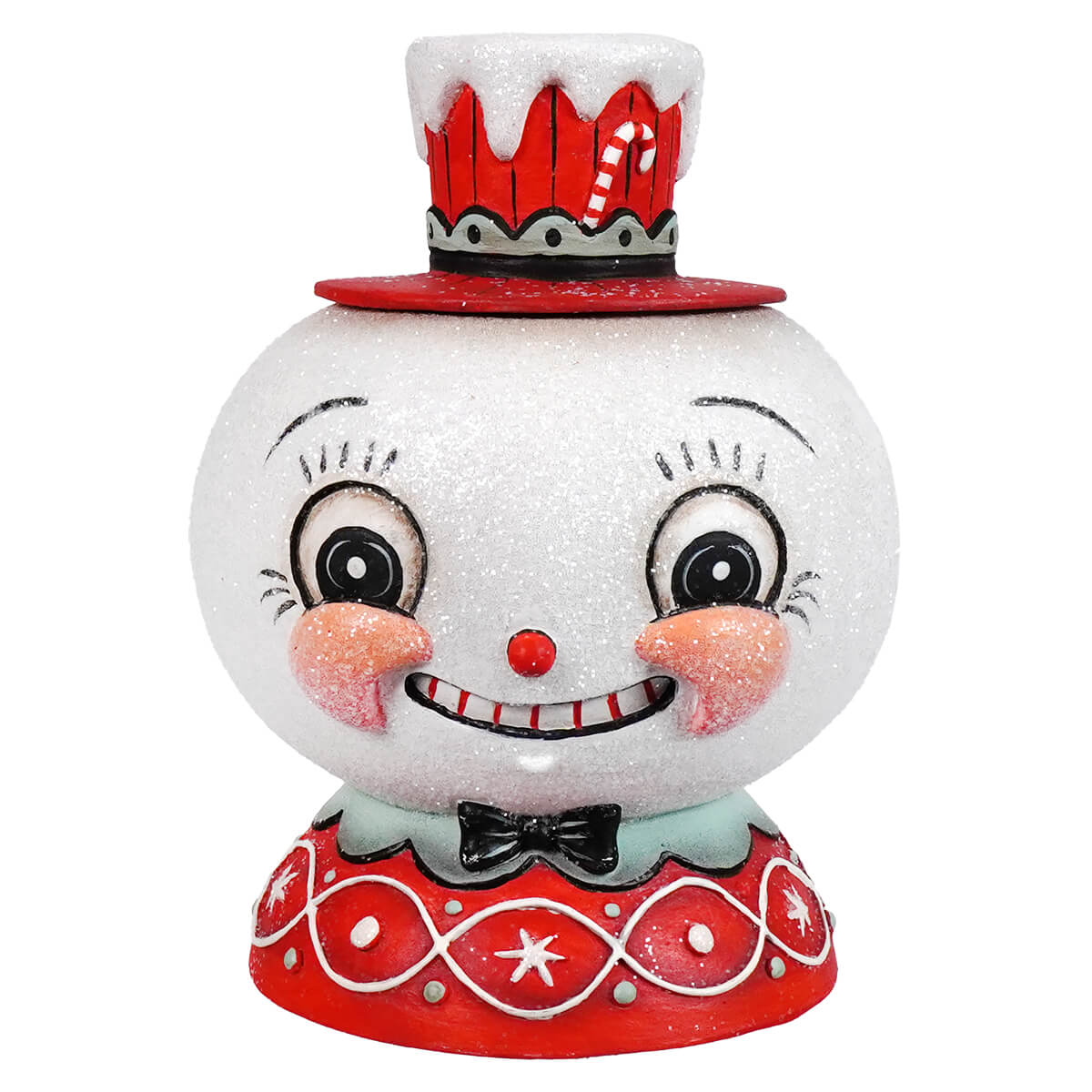 A glittery white peppermint snow beau container by bethany lowe designs featuring rosy cheeks and a red candy cane hat
