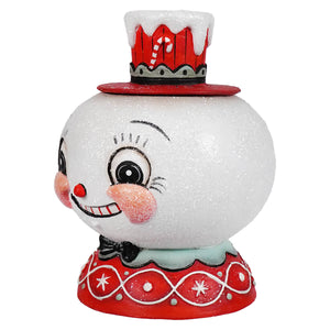 A charming white glittery peppermint snow beau container by bethany lowe designs with a red candy cane hat and festive base