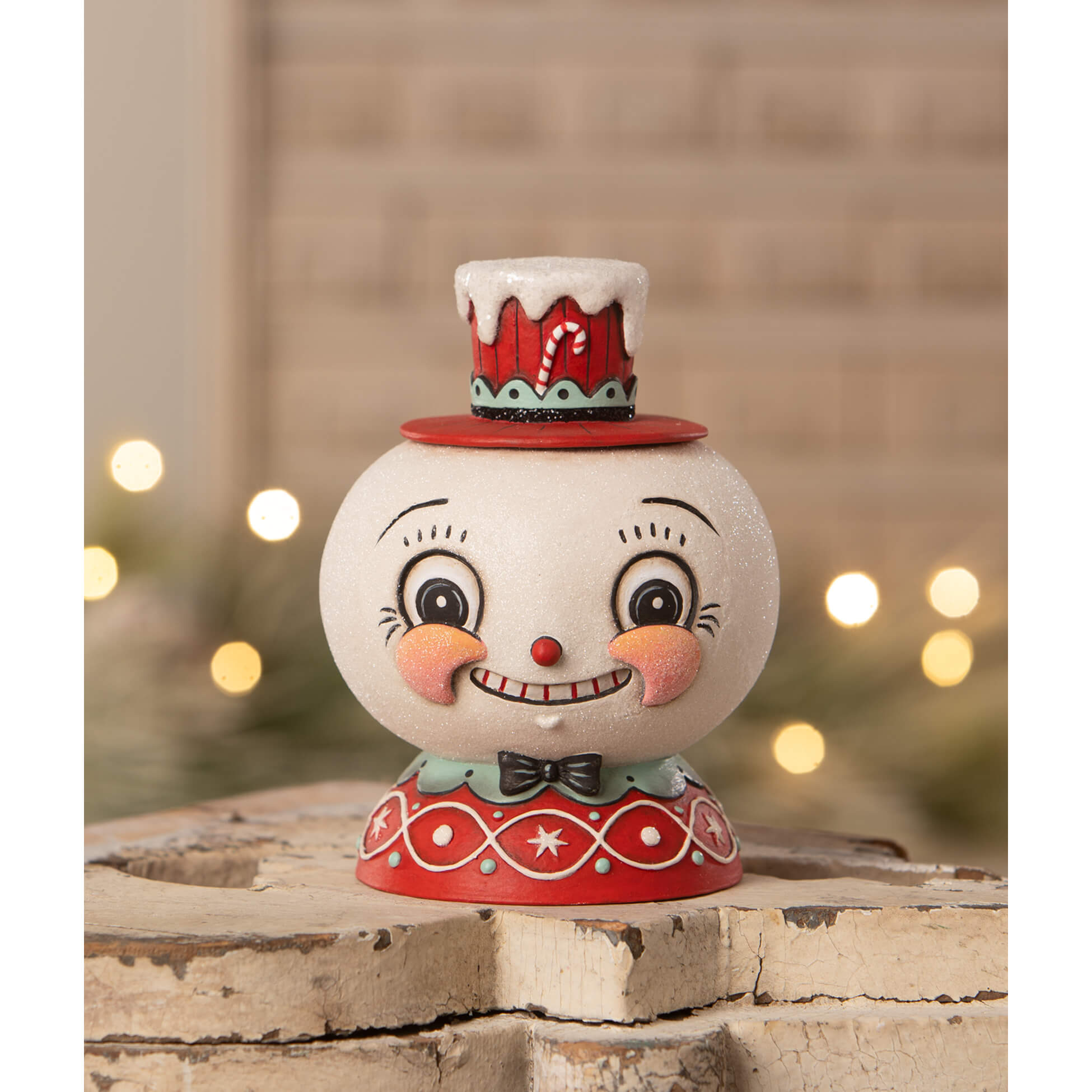 A charming white snowman cookie jar from bethany lowe designs with peppermint snow beau red hat and festive details