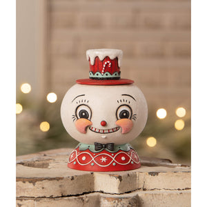 A charming white snowman cookie jar from bethany lowe designs with peppermint snow beau red hat and festive details