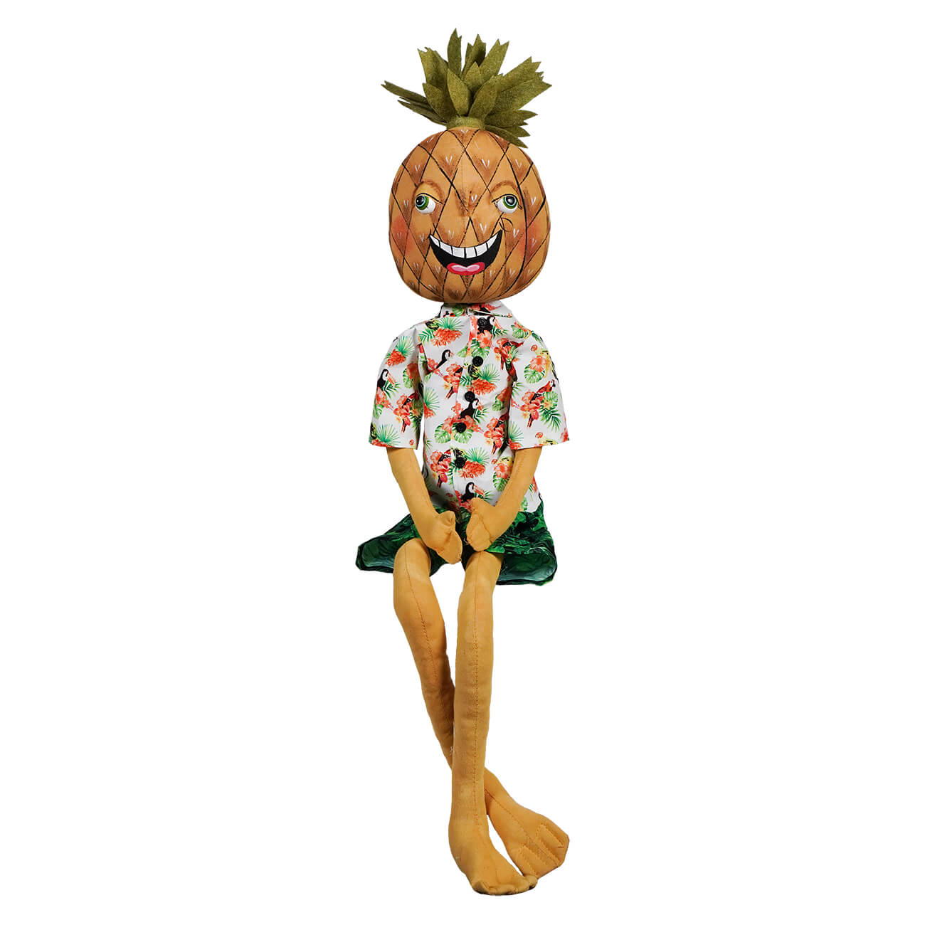 Whimsical plush doll with a pineapple head wearing a floral Hawaiian shirt and having long dangling legs.