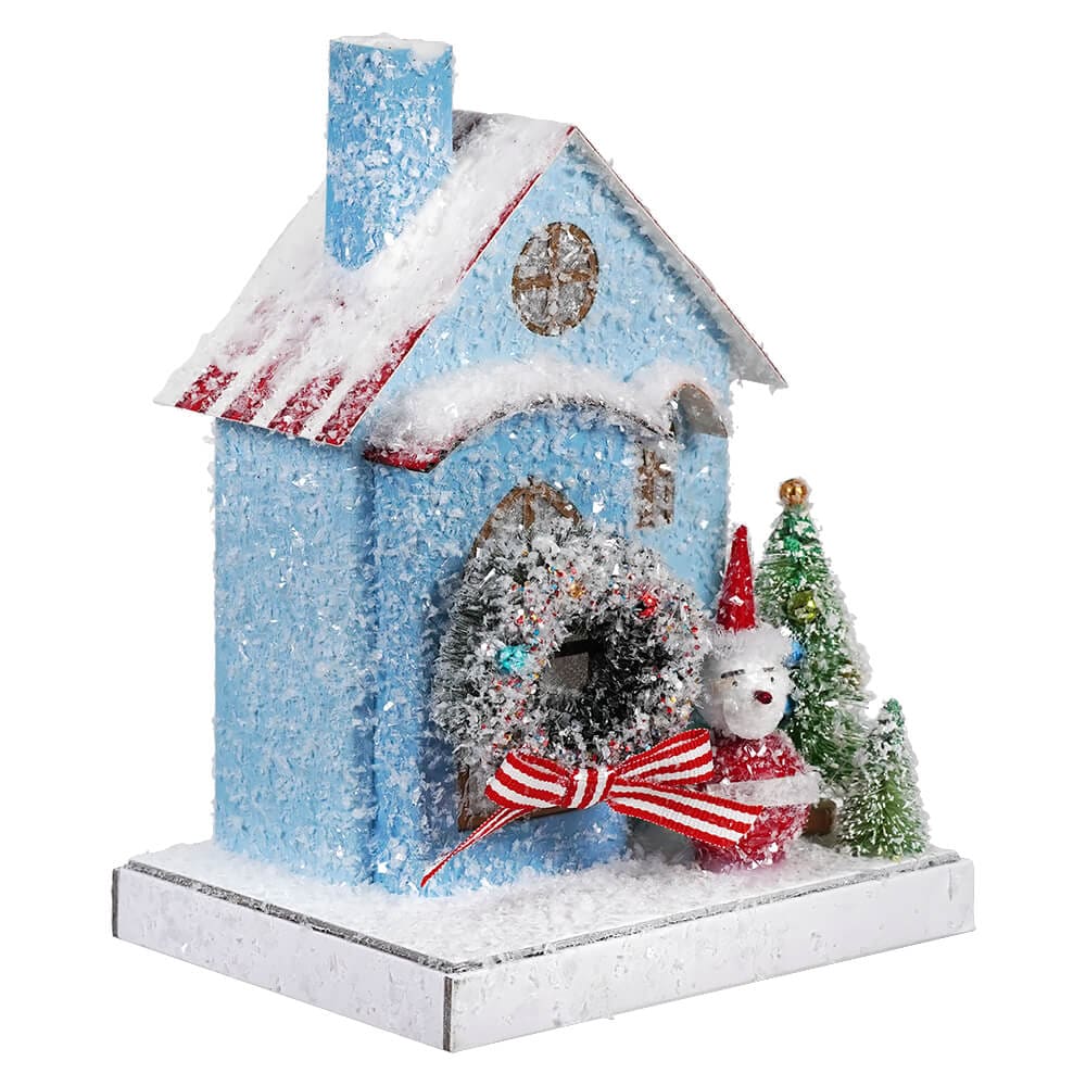 Petite Blue House With Snowman - Christmas