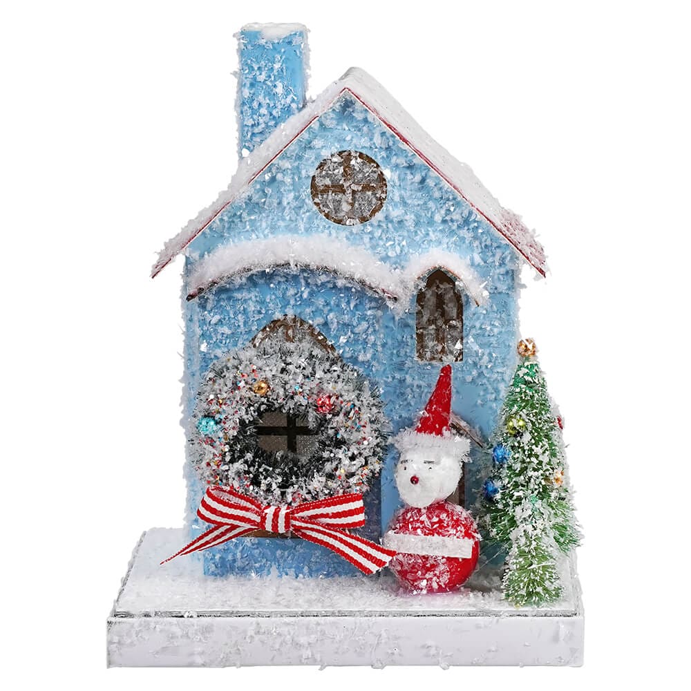 Petite Blue House With Snowman - Christmas