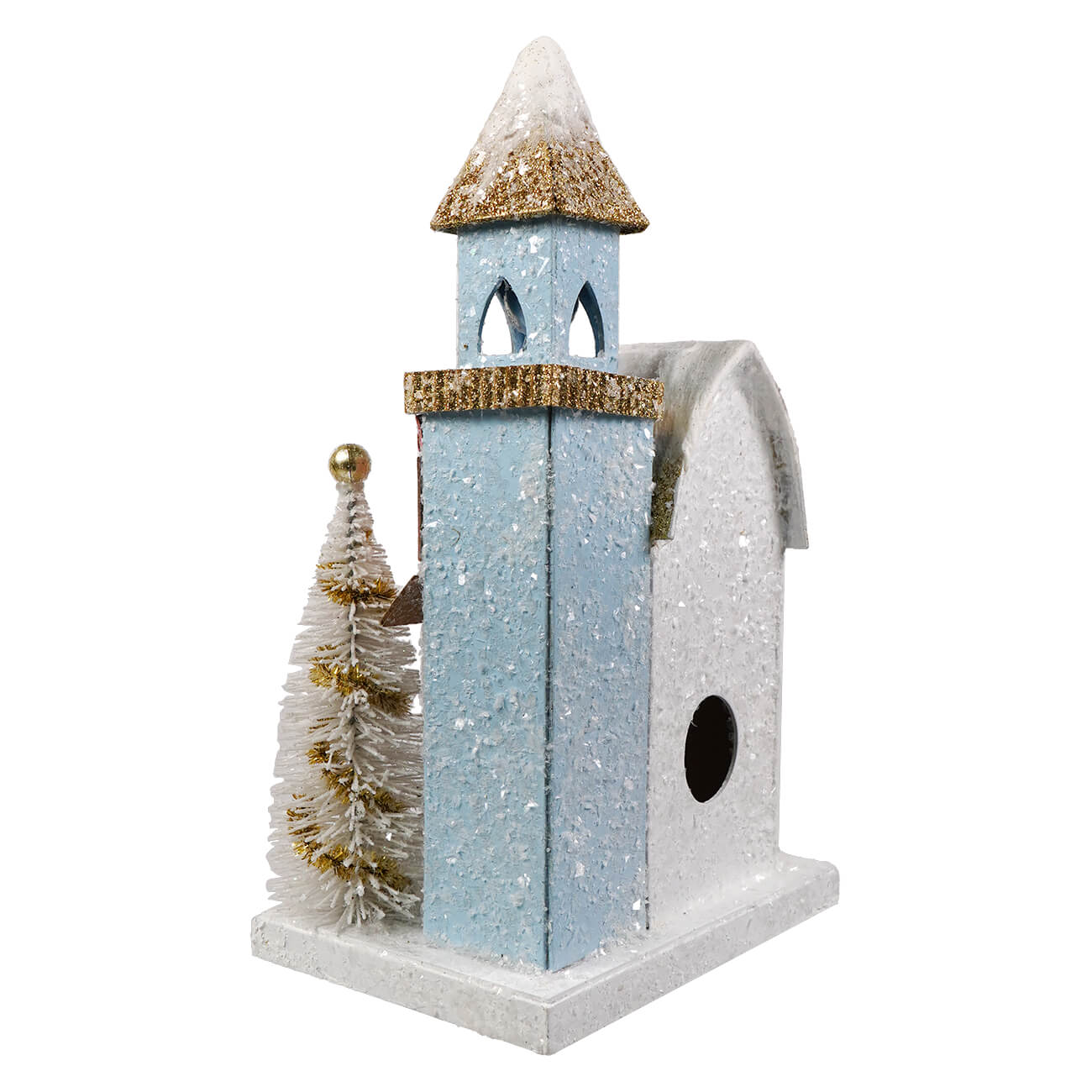 Petite light blue and white glittery house with gold tower, snow-dusted roof, frosted pine tree, and deer accent