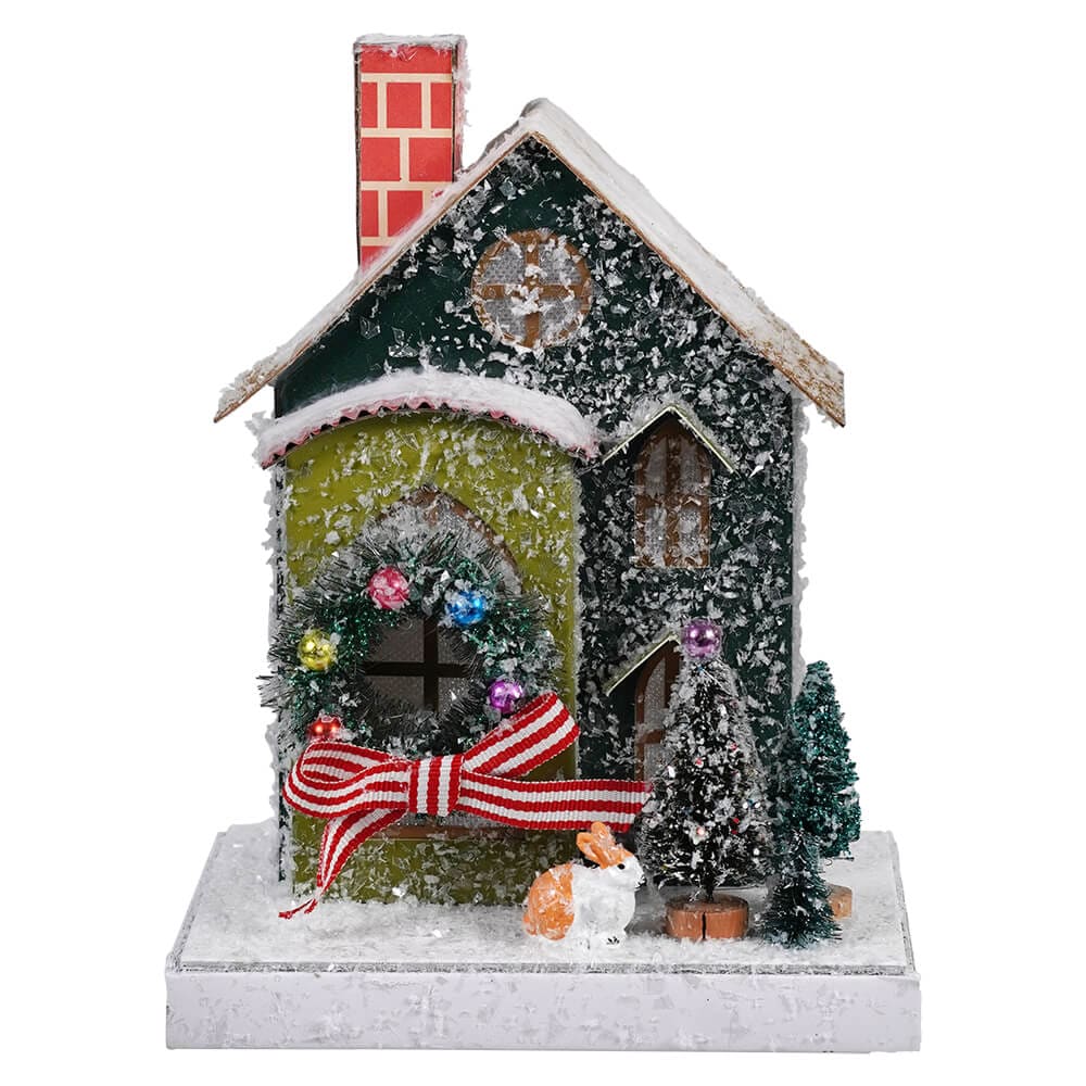 Petite Green House With Bunny - Christmas