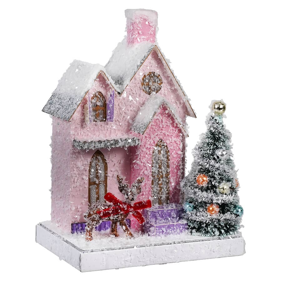 Petite Pink House With Deer - Christmas