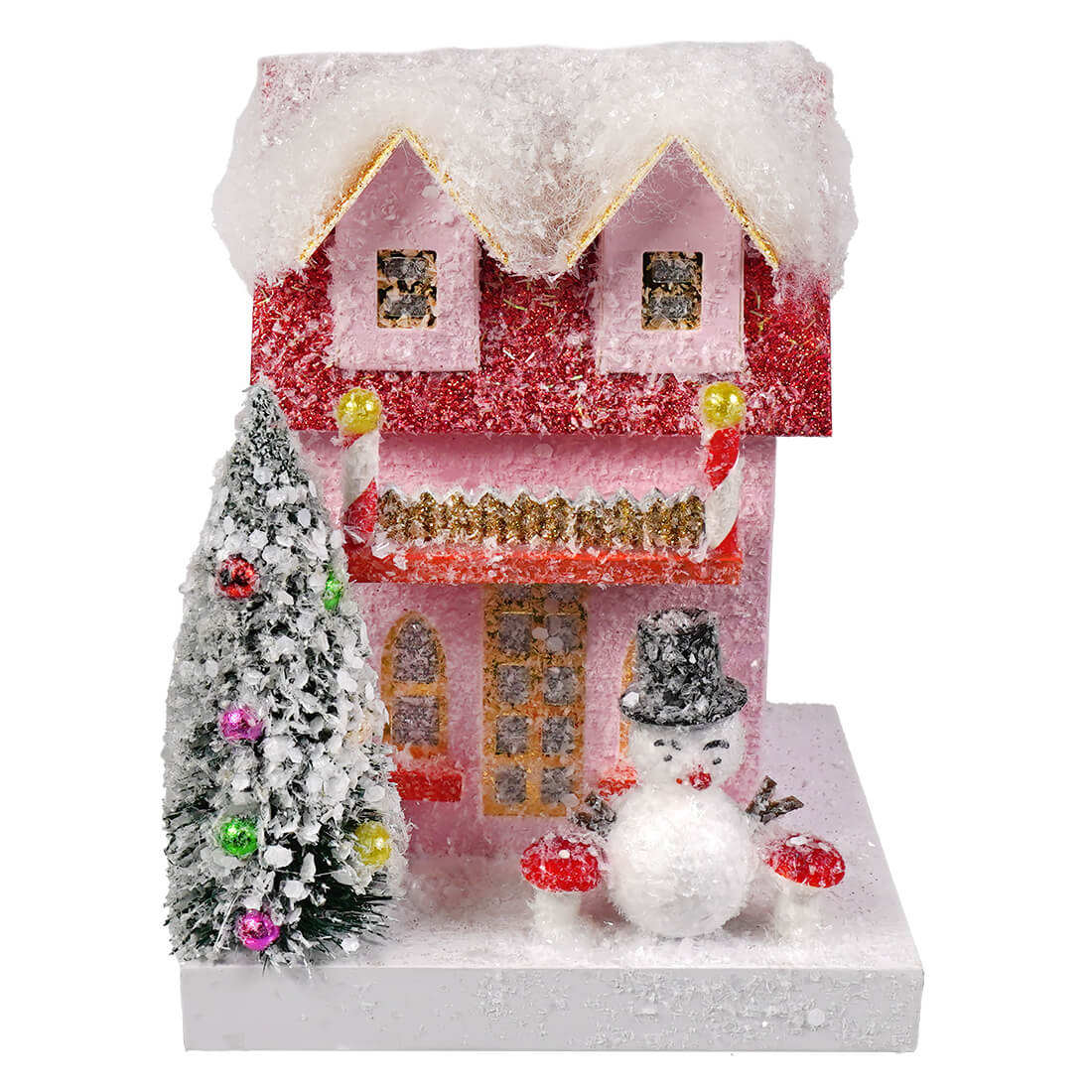 Petite pink snowman cottage by cody foster featuring a glittery pink and red house with snowman and candy cane pillars