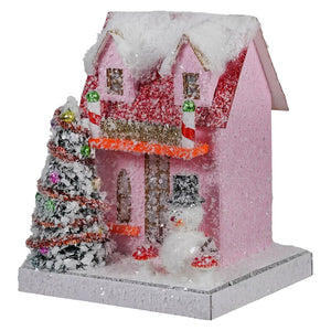 Petite Pink Snowman Cottage - Christmas