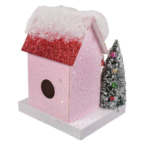 Petite pink snowman cottage birdhouse with pink glitter, red sparkly roof, snowy accents, and frosted tree by cody foster