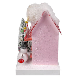 Petite pink snowman cottage figurine with snow-covered roof red trim and glittery details by cody foster
