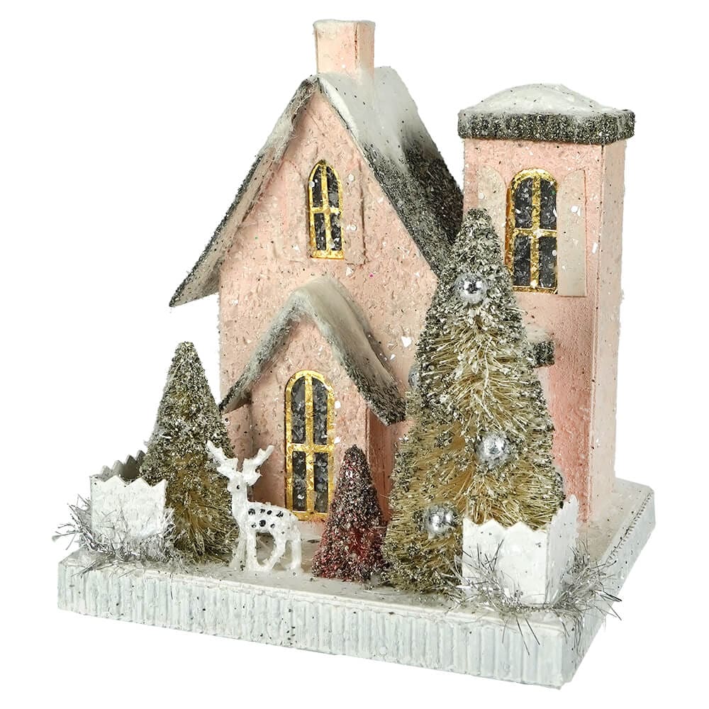 Petite Pink Village House with Deer