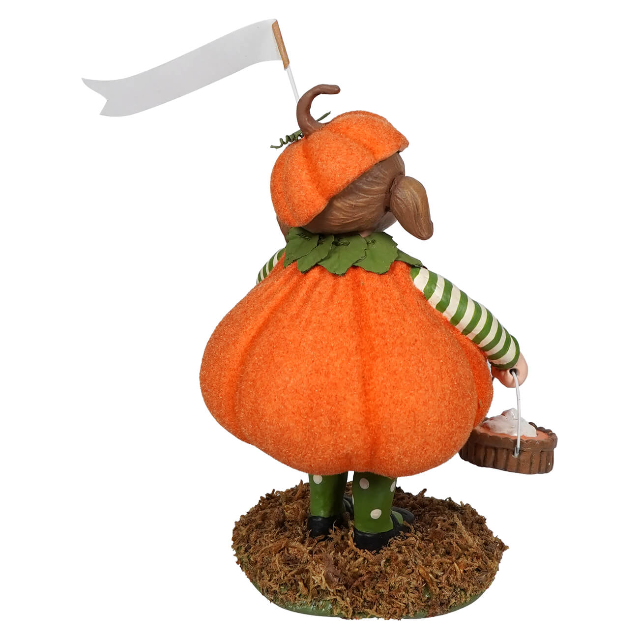 Petunia pumpkin pie figurine by bethany lowe features an orange pumpkin with green leaf collar and polka-dot boots holding basket