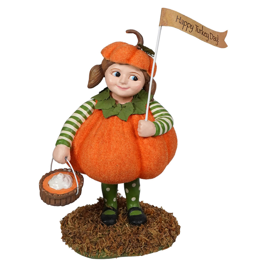 Petunia pumpkin pie figurine by bethany lowe with orange pumpkin body holding happy turkey day flag in festive outfit