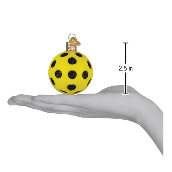 Bright yellow glass pickleball ornament with black glitter polka dots and gold metal cap sport ornament