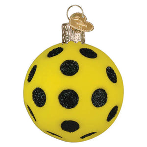 Yellow pickleball ornament with black polka dots glass ornament perfect sport ornament for pickleball fans
