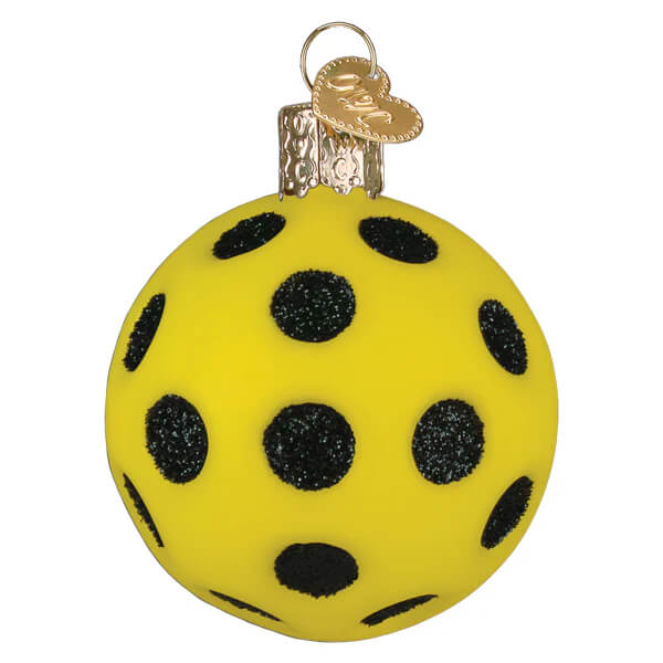 Yellow pickleball ornament with black polka dots glass ornament perfect sport ornament for pickleball fans