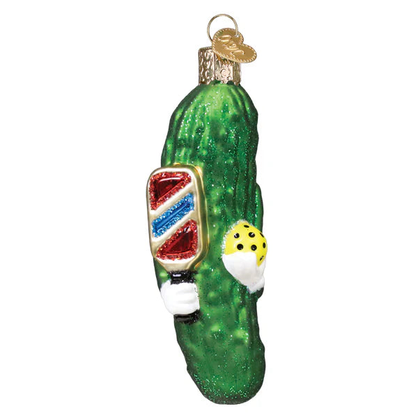 A green glittery glass mini pickle ornament with a red white and blue barber pole design christmas glass ornament