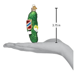 Green glass pickleball pickle ornament with barber pole and egg design and gold hanging loop mini pickle ornament