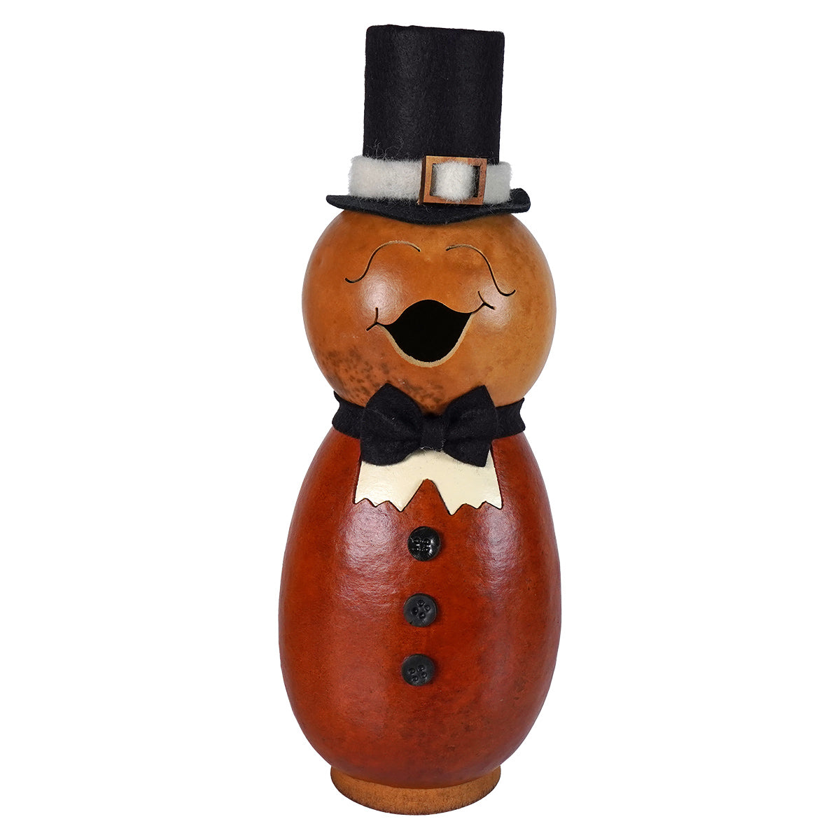 Pilgrim man gourd snowman with black top hat and bow tie by meadowbrooke gourds artisans thanksgiving pilgrims decor