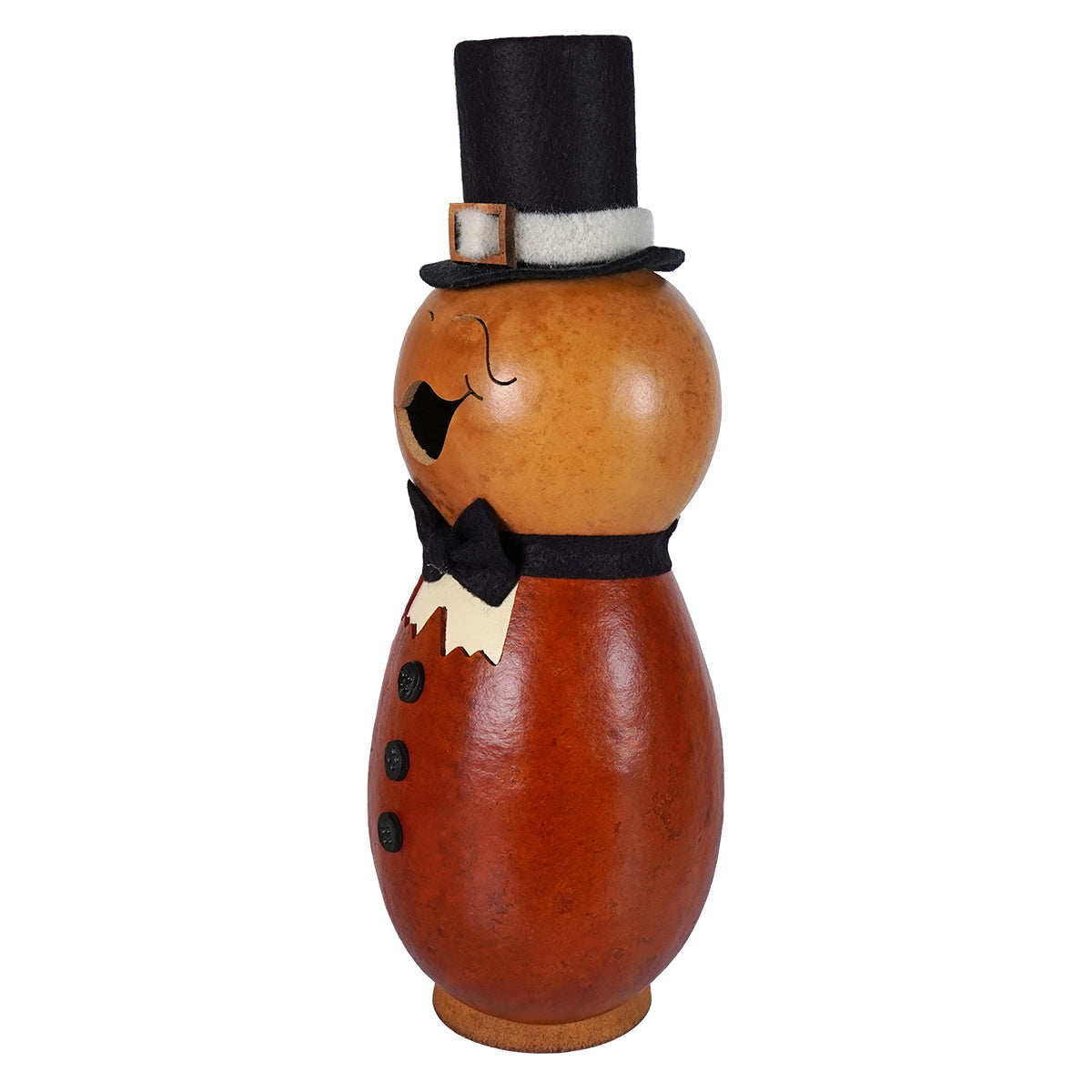 A charming pilgrim man gourd hand carved and painted in amber with a black top hat by meadowbrooke gourds artisans