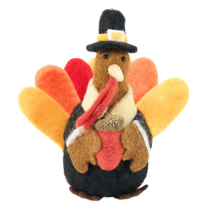 Felt pilgrim turkey ornament with colorful tail feathers and black hat from kathys pilgrim turkey harvest collection
