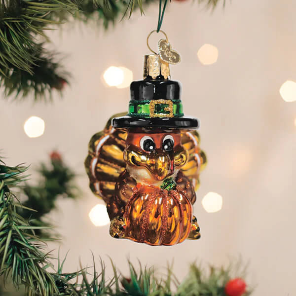 A festive pilgrim turkey ornament made of glass with a black hat green belt holding an orange pumpkin christmas glass ornament