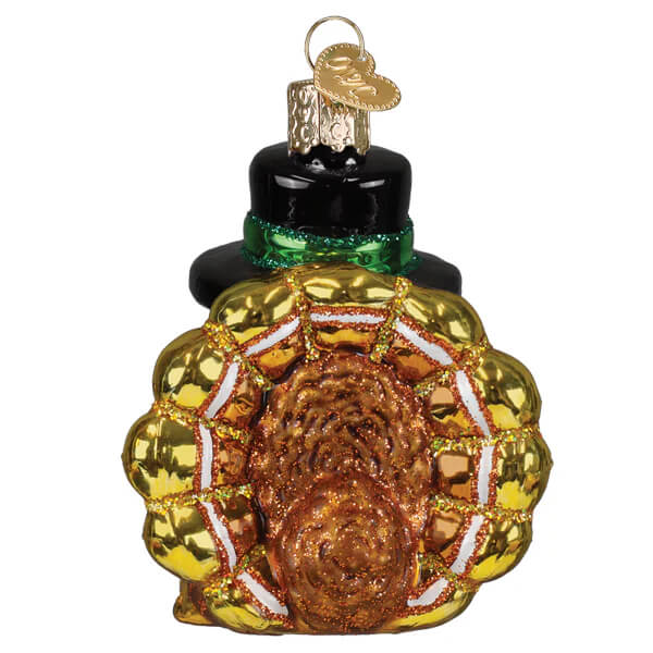 Glossy glass pilgrim turkey ornament with gold feathered body, black top hat, and green ribbon band for christmas decor