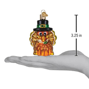 A festive pilgrim turkey ornament made of glass with a black top hat and orange gold tinge feathers perfect as a christmas glass ornament