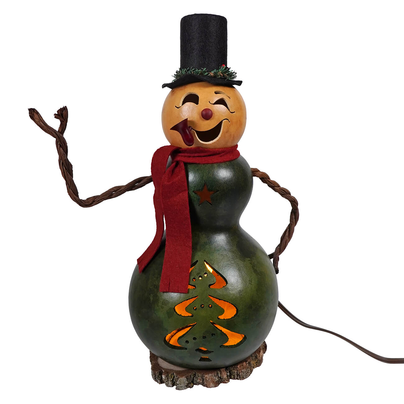 Pinewood lighted medium christmas tree snowman gourd lamp glows green with black hat red scarf and orange carved christmas tree design