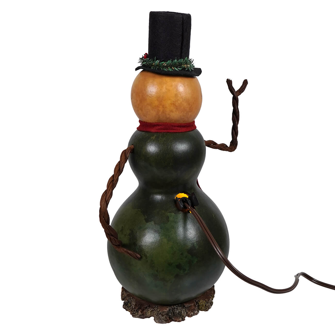A festive snowman gourd lamp made from painted gourds with a black top hat and red ribbon for holiday decor