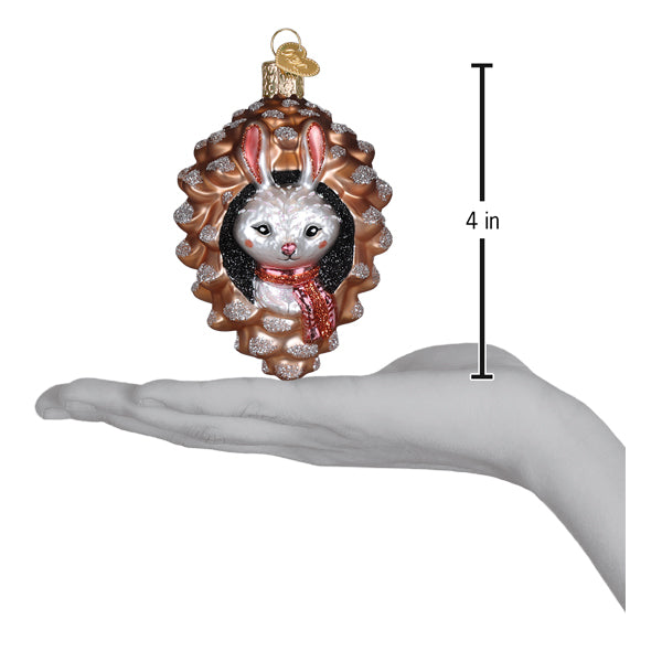 Piney rabbit ornament figural decor with white bunny in red scarf inside brown pinecone frame perfect tree topper