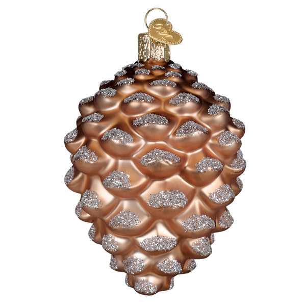 Copper-colored glass pinecone ornament with silver glitter and gold heart tag perfect figural decor or tree topper