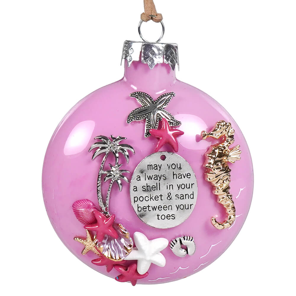 Pink beach ornament featuring an embellished one-of-a-kind pink glass with silver gold sea charms by bette fraser day