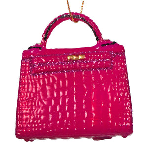 Pink birkin luxury crocodile-textured handbag ornament in vibrant fuchsia with gold hardware and glittery accents by cody foster