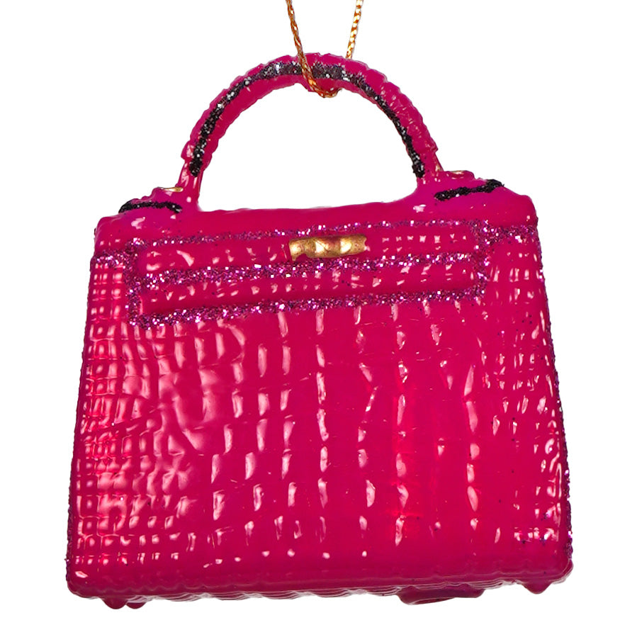 Pink birkin luxury crocodile-textured handbag ornament in vibrant fuchsia with gold hardware and glittery accents by cody foster