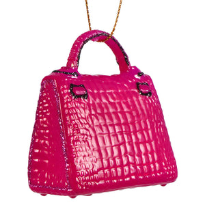 Pink birkin luxury handbag ornament in vibrant pink crocodile texture with glittery black trim and gold chain by cody foster