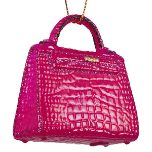 Pink birkin luxury handbag ornament in vibrant fuchsia glitter with crocodile texture and gold-tone hardware by cody foster