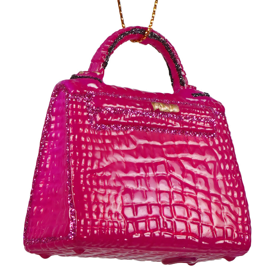 Pink birkin luxury handbag ornament in vibrant fuchsia glitter with crocodile texture and gold-tone hardware by cody foster