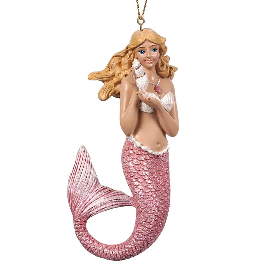 Pink Blonde Mermaid Holding Conch Shell Ornament