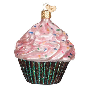 Pink chocolate cupcake ornament with pink frosting, colorful sprinkles, glittery liner, and gold heart tag for christmas glass ornament