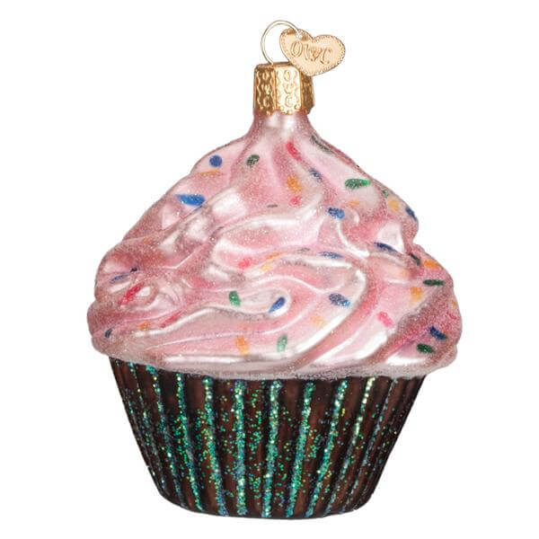 Pink chocolate cupcake ornament with pink frosting, colorful sprinkles, glittery liner, and gold heart tag for christmas glass ornament