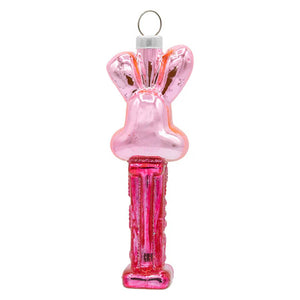 Pink easter bunny mini pez© dispenser ornament with a pink glass bell shape glittery base and silver hanging loop