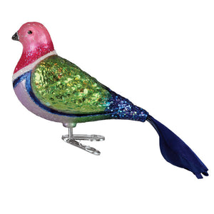 Colorful glittery glass pink fruit dove pigeon ornament with metallic clip base perfect for figural decor or tree toppers
