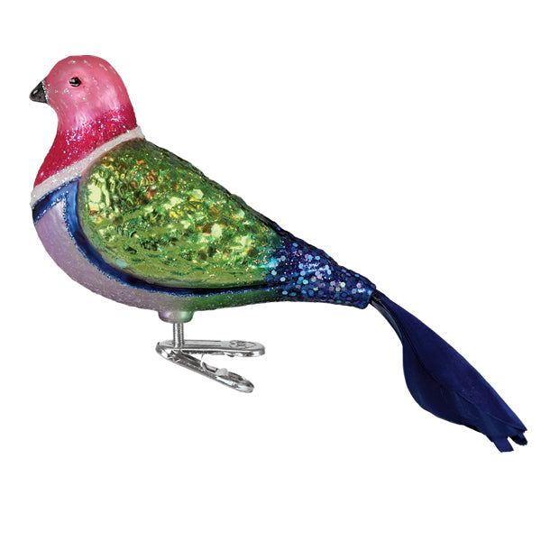 Colorful glittery glass pink fruit dove pigeon ornament with metallic clip base perfect for figural decor or tree toppers